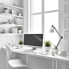 Modern office interior with natural light, working from home illustration. Generative AI