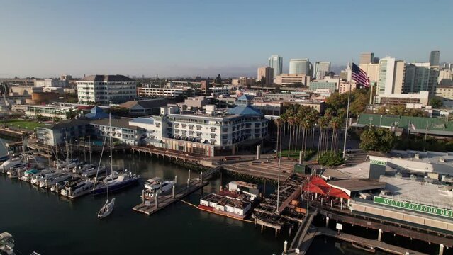 Panoramic aerial of Jack London Square and Oakland Skyline