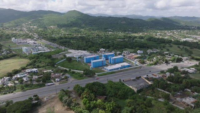 Najayo prison and surrounding landscape, San Cristobal in Dominican Republic. Aerial drone panoramic view