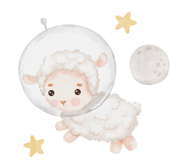 Cute watercolor lamb cosmonaut in spacesuit. Hand drawn illustration sheep and stars isolated on white background. Funny Farm animal clipart for kids