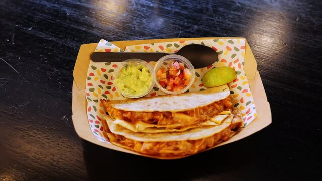 Serving Of Delicious Gringas (Tacos) With Guacamole And Salsa. zoom-in