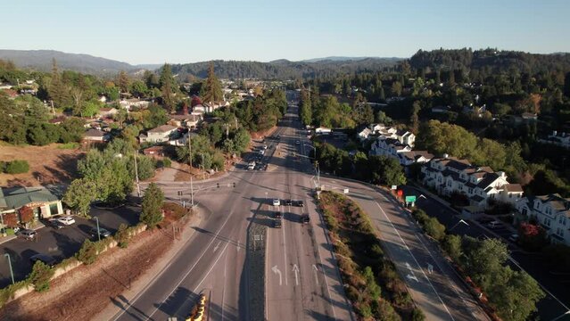 Aerial of highway in Scott's Valley, California. Beautiful suburban America.
