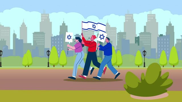 4k animation 2D - protesters with Israeli flags in support of that country and against the war walk through the city.