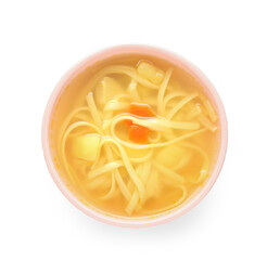 Fototapeta na wymiar Bowl of tasty chicken soup on white background