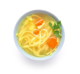 Bowl of tasty chicken soup on white background