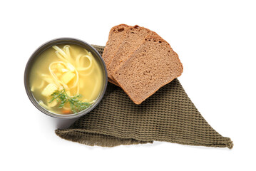 Bowl of tasty chicken soup and bread on white background