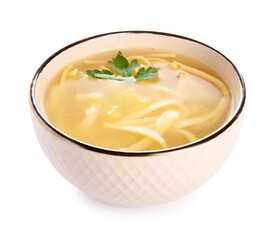 Bowl of tasty chicken soup on white background
