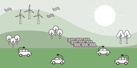 エコな循環型社会。太陽光発電と風力発電の再生可能エネルギーを利用しEV電気自動車が走っている街のイラスト