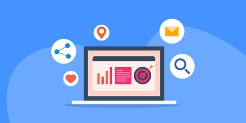 Concept of laptop with information, graph diagram and target board. Digital marketing - social media sharing, seo search, email communication, business location vector banner.
