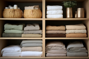 The linen cupboard shelves in this eco friendly storage solution are neatly folded and organized using straw baskets, closet organizer drawers, and dividers