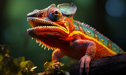 Fototapeta premium Multicoloured detail of a chameleon holding a branch in nature.