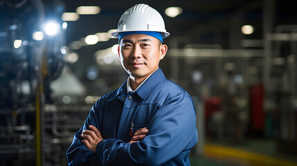 Industry maintenance engineer, a man in a crisp uniform and a safety hard hat, positioned at a factory station. Generative AI