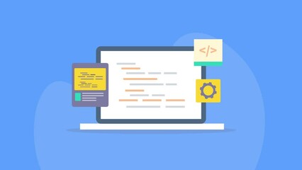 Programming source code and software application development script, data on laptop screen, information technology concept, video animation.