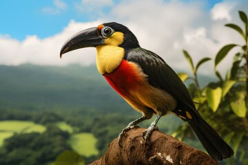 collared aracari in natural forest environment. Wildlife photography