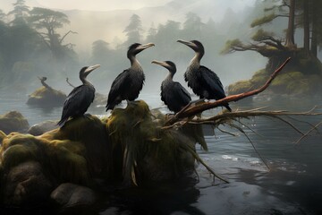 cormorants in natural forest environment. Wildlife photography - obrazy, fototapety, plakaty