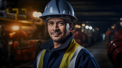 Industry maintenance engineer, a man in a crisp uniform and a safety hard hat, positioned at a factory station. Generative AI