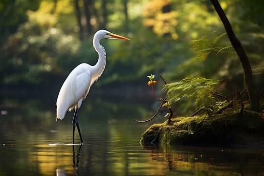 great egret in natural forest environment. Wildlife photography