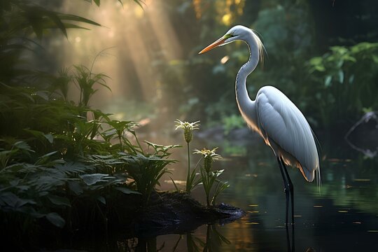 great egret in natural forest environment. Wildlife photography
