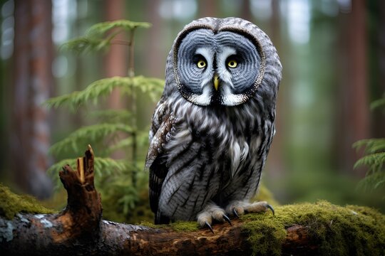great grey owl in natural forest environment. Wildlife photography