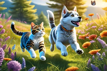 Fotobehang A dog and a cat running around in the grass. Generative AI © happymanida