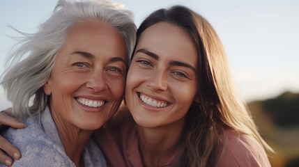 Gray haired adult woman with her daughter smiling gracefully with smooth, healthy facial skin. Beauty and cosmetic skin care advertising concept.