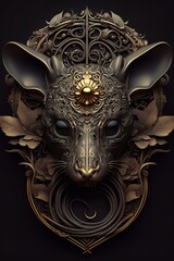 Fototapeta premium a mouse wearing a gold mask and a door knocker on a black background. The rat's fur is black and shiny, and its whiskers are long and white.