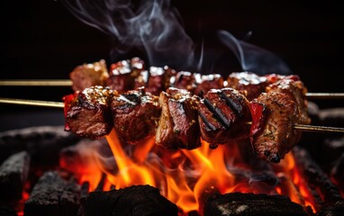 Succulent and delicious grilled meat skewers on the bbq rack with flames and sparks