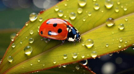 Close-up photo of beautiful ladybug on a leaf.