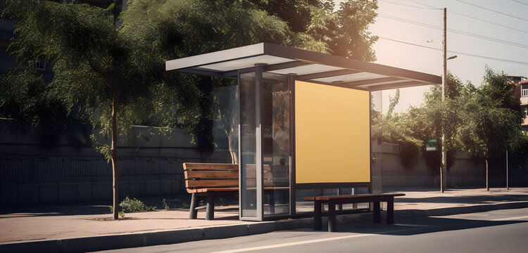 Outdoor billboard at bus stop, cityscape at sunset, Generative AI