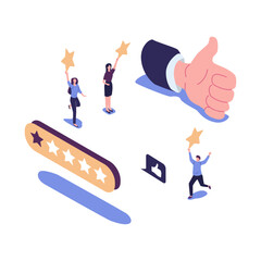 illustration of a vote, measurement of customer satisfaction and star rating, satisfactory rating, hand shows a class sign