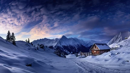 Foto op Canvas Winter wonderland panorama, wooden house in snowy mountains under starry sky. © Fokasu Art