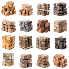 A collection of briquettes isolated on a white background