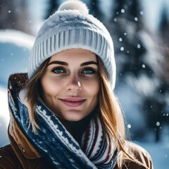 portrait of a beautiful woman outside in the middle of winter very cozy in warm clothing and a hat cap hood toque 
