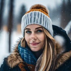 portrait of a beautiful woman outside in the middle of winter very cozy in warm clothing and a hat cap hood toque 