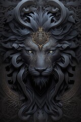 a black lion head with a crown on its head. Its mane is thick and flowing, and its eyes are bright and alert.