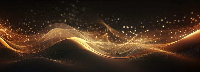 Banner with golden glowing rays with flickering particles on dark background. Gold luxury shiny design abstract elements with glitter effect for Christmas or New Year background with copy space.