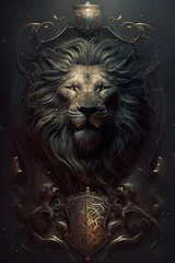 Foto op Plexiglas The lion is a powerful and majestic creature, and the crown and shield further emphasize its royalty and authority. © wiwid