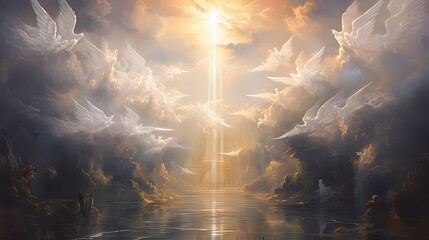 Naklejka premium oil painting style cloudy sky open for divine heavenly light shine upon earth surrounded by many angels, background wallpaper, Generative Ai