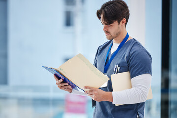 Hospital folder, doctor and man reading documents, healthcare records or clinic information....
