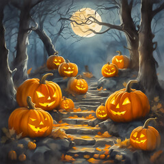 Pumpkins In Spooky Forest With Tombs At Night. 
