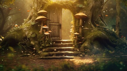 Fantasy fairy tale forest with trees and giant mushrooms,