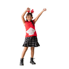 Christmas girl in dress dancing have fun, full body isolated on white background