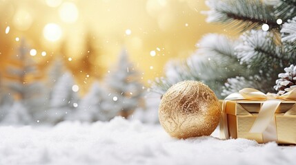 Fototapeta na wymiar Luxury gift box with Christmas ball on the winter background AI Generative