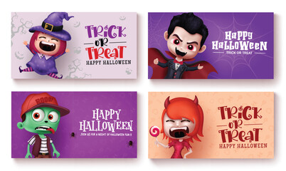 Halloween tags characters vector set banner. Trick or treat greeting card with kids characters for gift tag and sticker collection party postcard. Vector illustration seasonal greeting tags.
