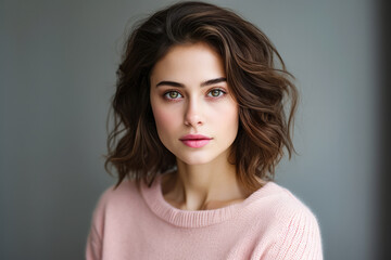 Portrait of a young woman in a winter pink sweater