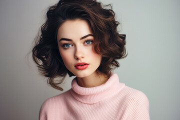 Portrait of a young woman in a winter pink sweater