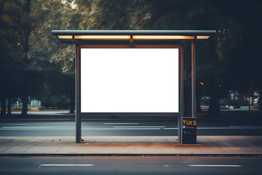 Mock Up Of Blank Advertising Billboard Or Light Box Showcase Poster Template On City Bus Shelter, Copy Space For Your Text Or Media Content, Advertisement Commercial, Branding And Marketing Concept