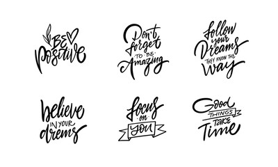 Hand drawn positive quote set phrases.