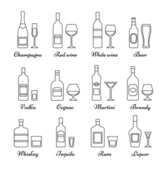 Fotobehang Outline icons beverages isolated on white background. Linear alcohol bottles and glasses. Vector graphics. Set black alcoholic drinks with wineglasses in flat design. Thin line illustration. © Iryna