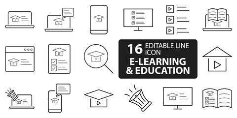 E-learning Black and White icon set. Online education Elements Outline editable icon set. Thin line icons set. Smart Learning. Online tuition, e-learning, video courses, Graduation, Education Modern.